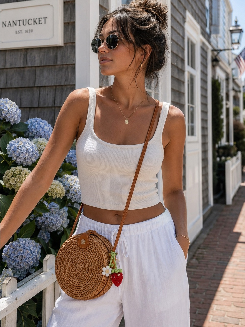 NWT Artisan Round Rattan Bali Style Straw Crossbody Bag Strawberry Charm Boho